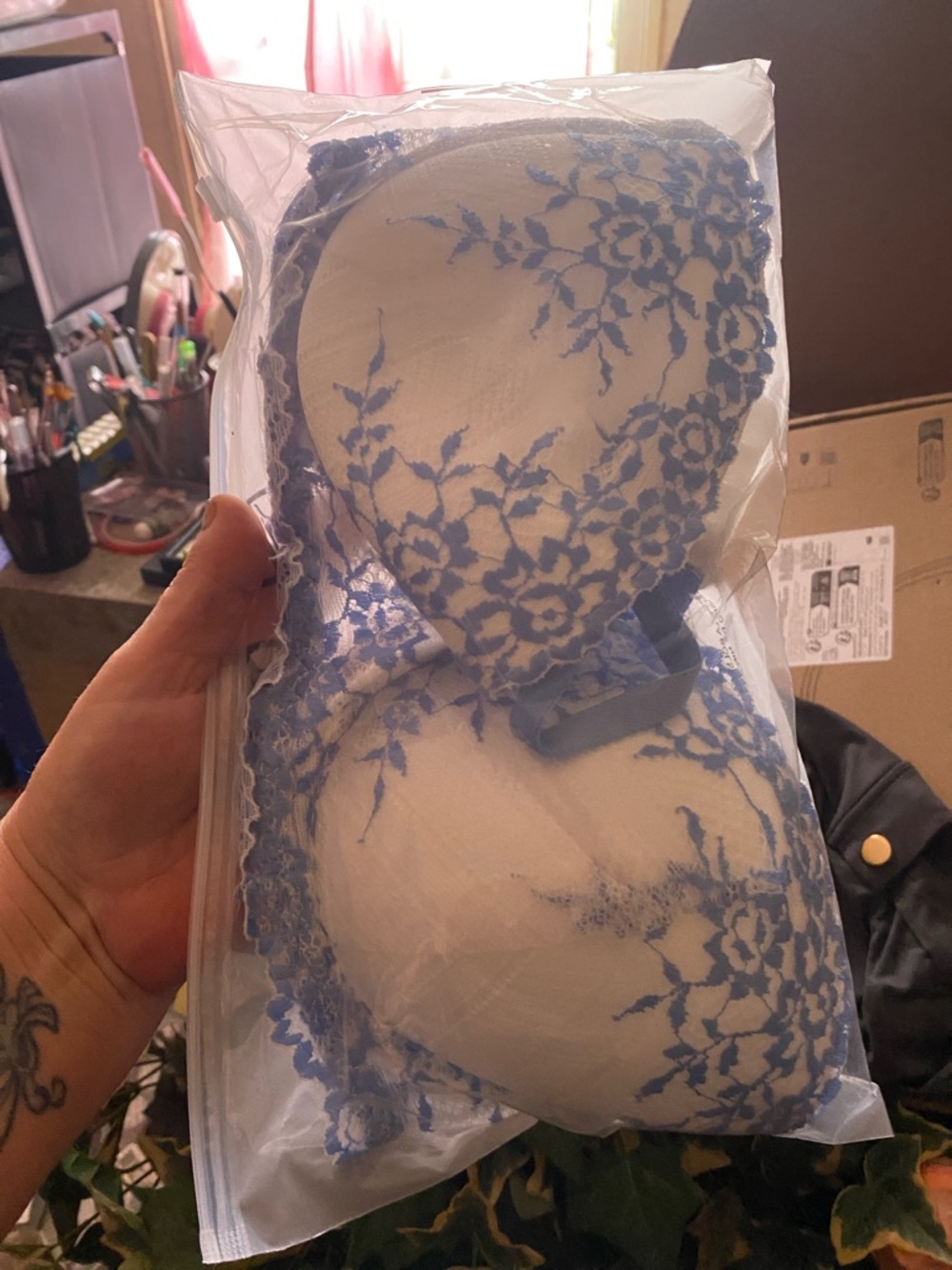 Blue Floral Lace Accent Bra